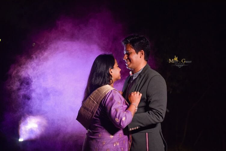 Romantic night shot in purple smoky background during a Pre-wedding Photoshoot